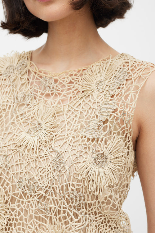 Brunello Cucinelli Beige & Silver Floral Crocheted Monili Top