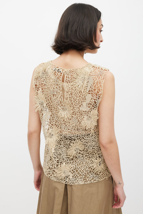 Brunello Cucinelli Beige & Silver Floral Crocheted Monili Top