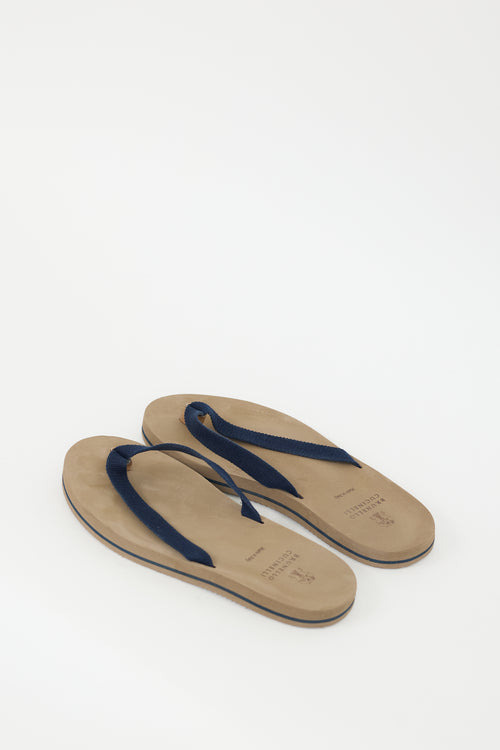Brunello Cucinelli Brown & Navy Cotton Canvas Flip Flop