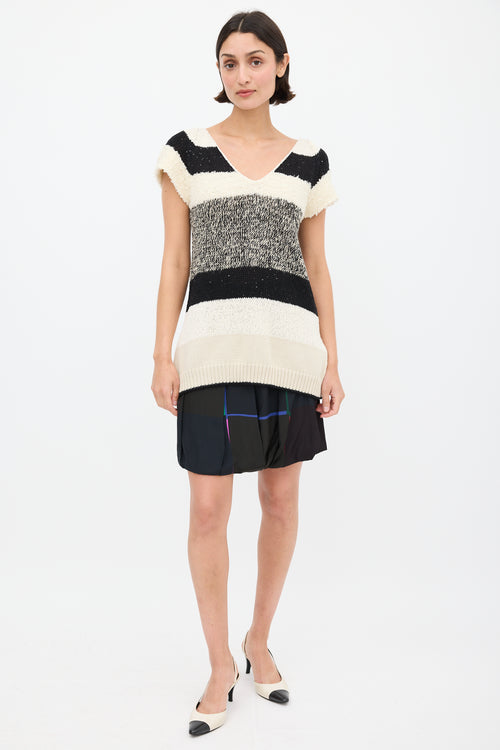 Brunello Cucinelli Cream & Black Panelled Ribbon Back Top