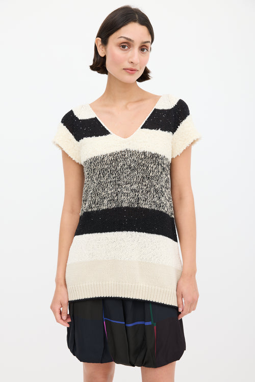 Brunello Cucinelli Cream & Black Panelled Ribbon Back Top