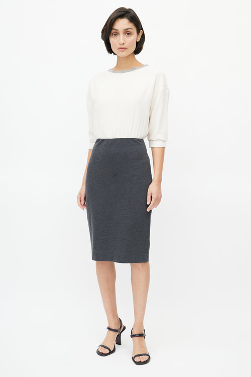 Brunello Cucinelli Cream Silk & Grey Cotton Dress