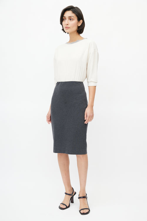 Brunello Cucinelli Cream Silk & Grey Cotton Dress