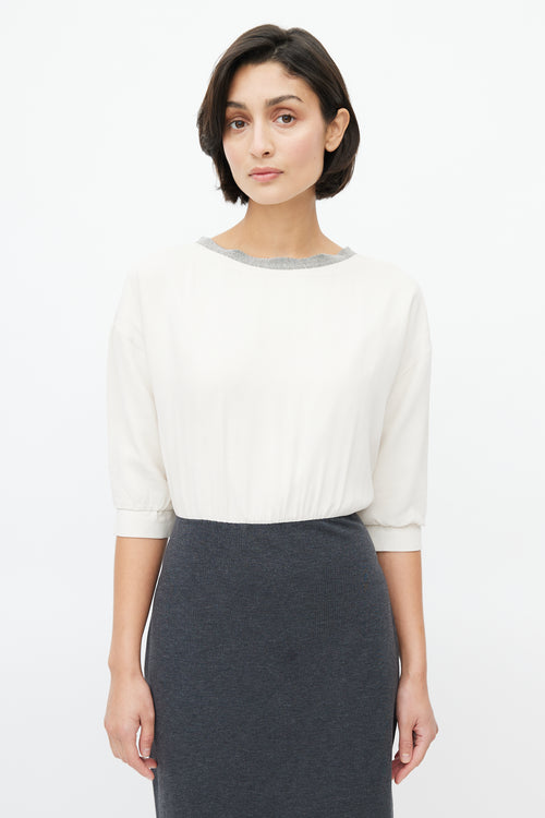 Brunello Cucinelli Cream Silk & Grey Cotton Dress