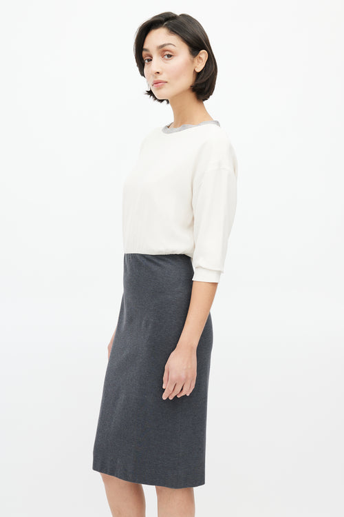 Brunello Cucinelli Cream Silk & Grey Cotton Dress