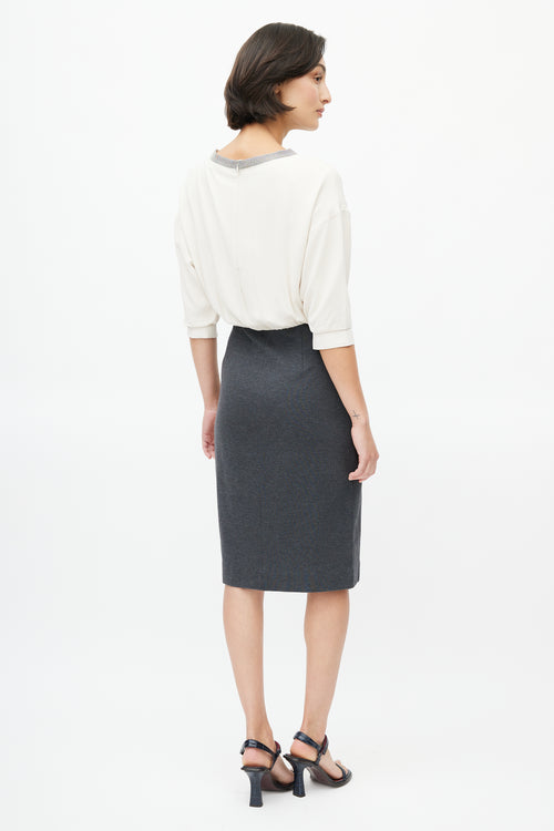 Brunello Cucinelli Cream Silk & Grey Cotton Dress