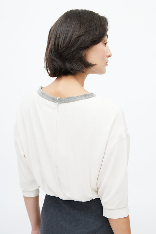 Brunello Cucinelli Cream Silk & Grey Cotton Dress