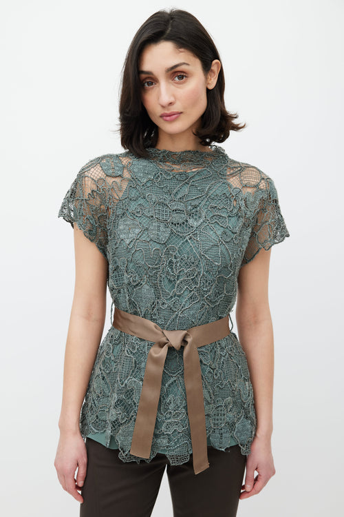 Brunello Cucinelli Green & Brown Lace Monilli Top