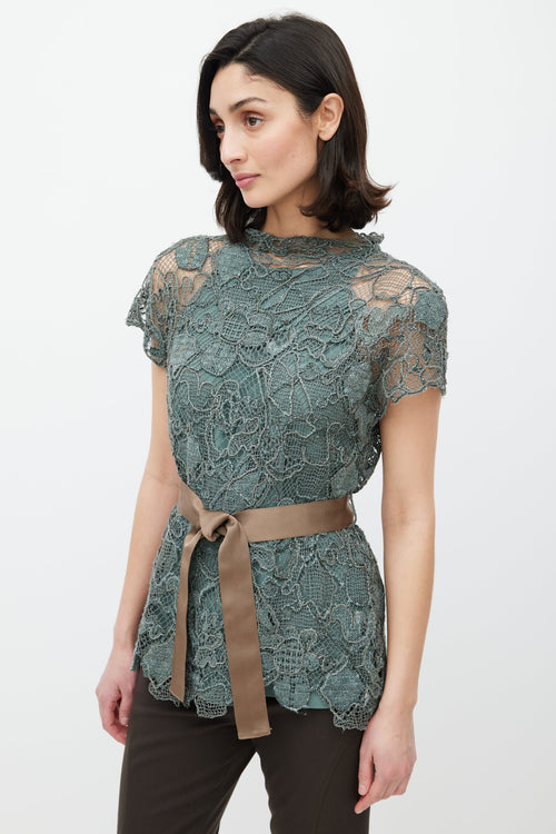 Brunello Cucinelli Green & Brown Lace Monilli Top