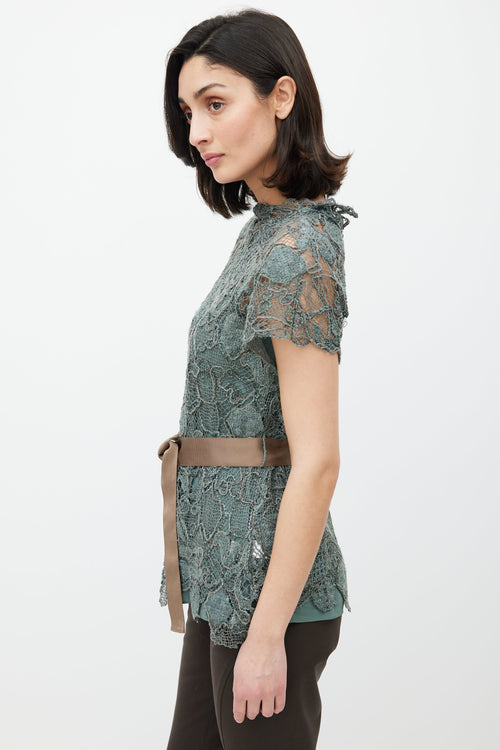 Brunello Cucinelli Green & Brown Lace Monilli Top