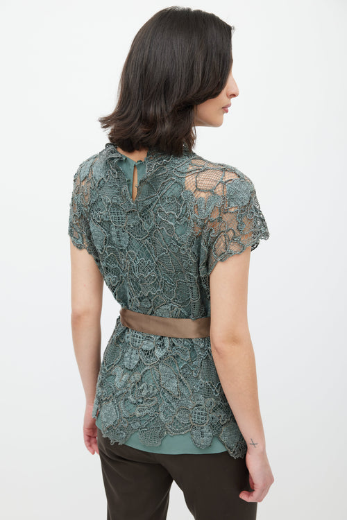 Brunello Cucinelli Green & Brown Lace Monilli Top