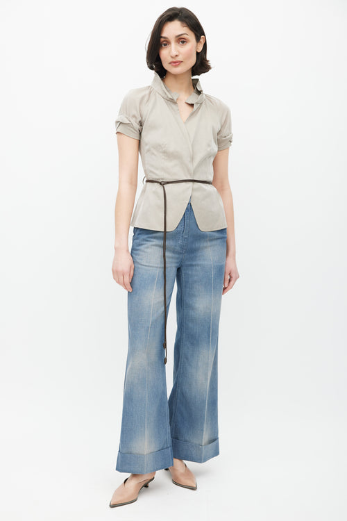 Brunello Cucinelli Grey & Brown V-Neck Belted Top