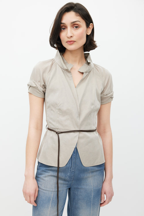 Brunello Cucinelli Grey & Brown V-Neck Belted Top