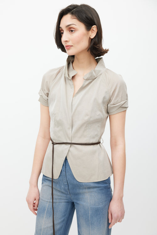 Brunello Cucinelli Grey & Brown V-Neck Belted Top