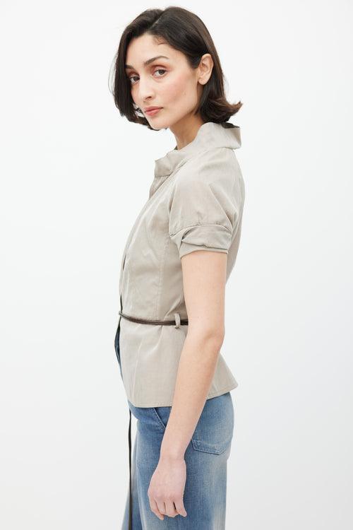 Brunello Cucinelli Grey & Brown V-Neck Belted Top