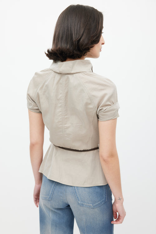 Brunello Cucinelli Grey & Brown V-Neck Belted Top