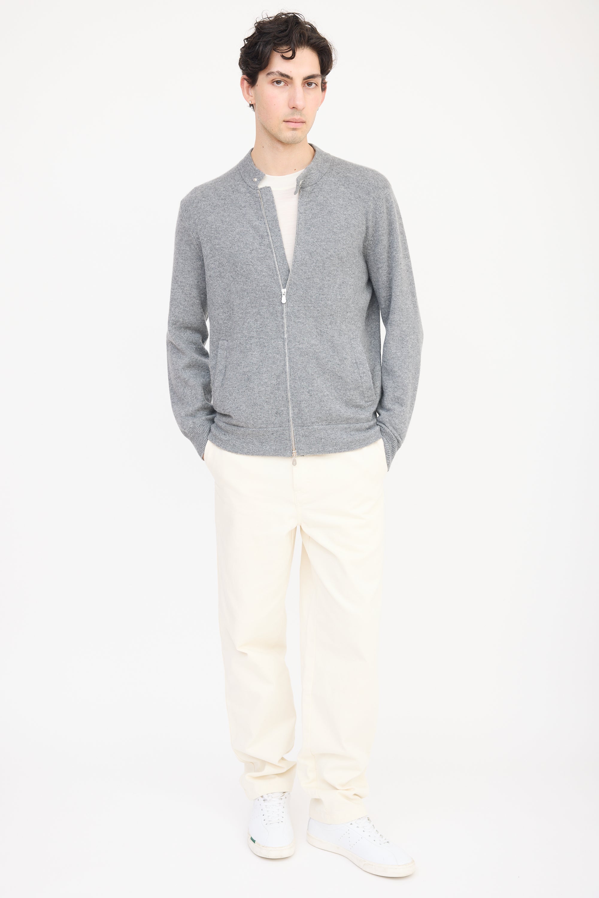 Brunello Cucinelli Grey Cashmere Knit Sweater Jacket