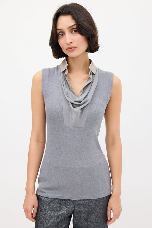 Brunello Cucinelli Grey Knit & Silk Bib Shirt