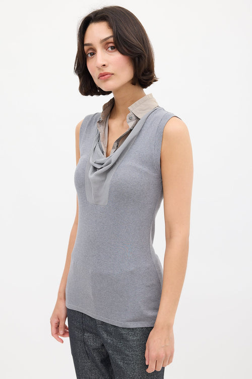 Brunello Cucinelli Grey Knit & Silk Bib Shirt