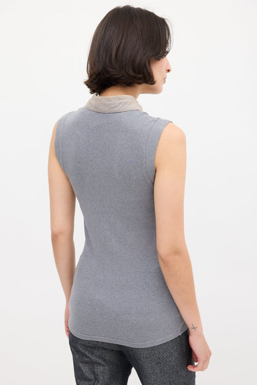 Brunello Cucinelli Grey Knit & Silk Bib Shirt