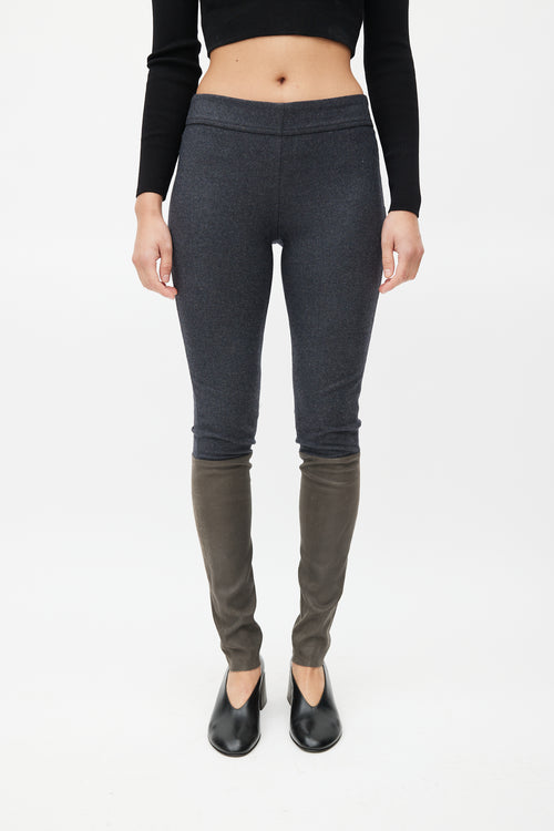 Brunello Cucinelli Grey Wool & Brown Leather Slim Trouser