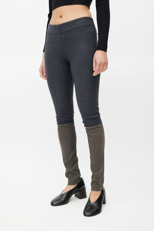 Brunello Cucinelli Grey Wool & Brown Leather Slim Trouser