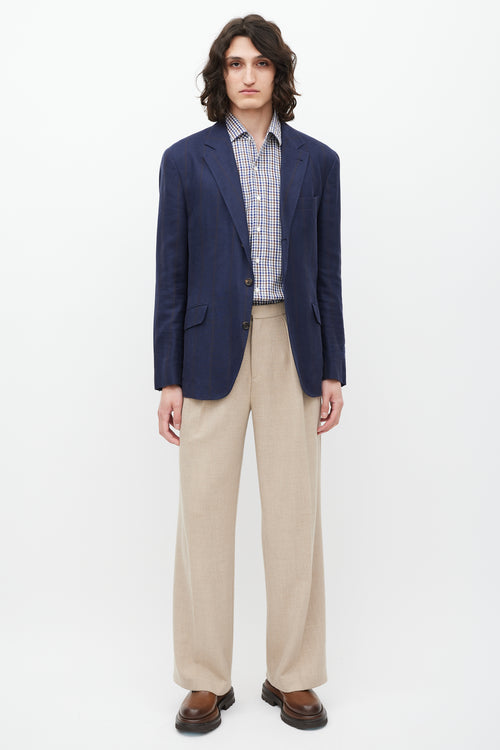 Brunello Cucinelli Navy & Brown Striped Linen & Wool Blazer