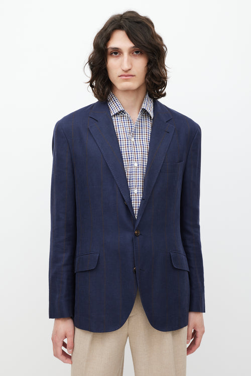 Brunello Cucinelli Navy & Brown Striped Linen & Wool Blazer