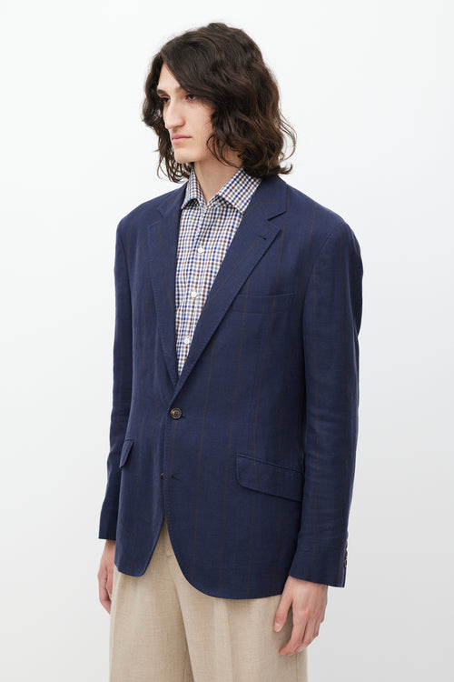 Brunello Cucinelli Navy & Brown Striped Linen & Wool Blazer