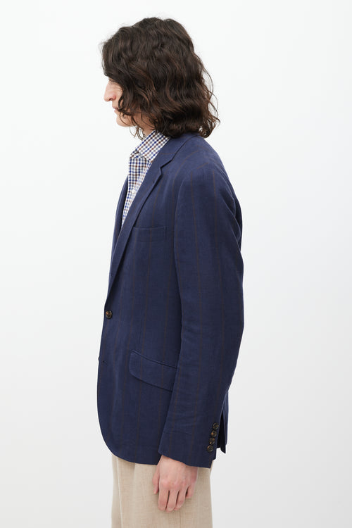 Brunello Cucinelli Navy & Brown Striped Linen & Wool Blazer