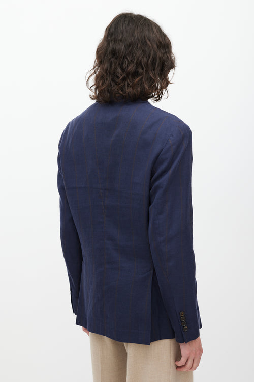 Brunello Cucinelli Navy & Brown Striped Linen & Wool Blazer