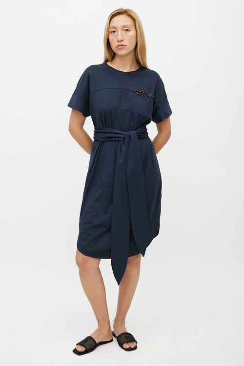Brunello Cucinelli Navy & Multicolour Belted Beaded Dress