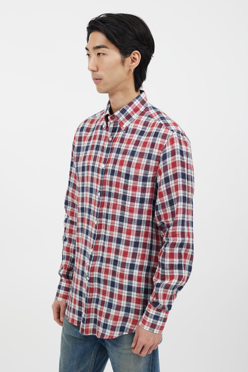 Brunello Cucinelli Navy & Red Plaid Long Sleeve Shirt