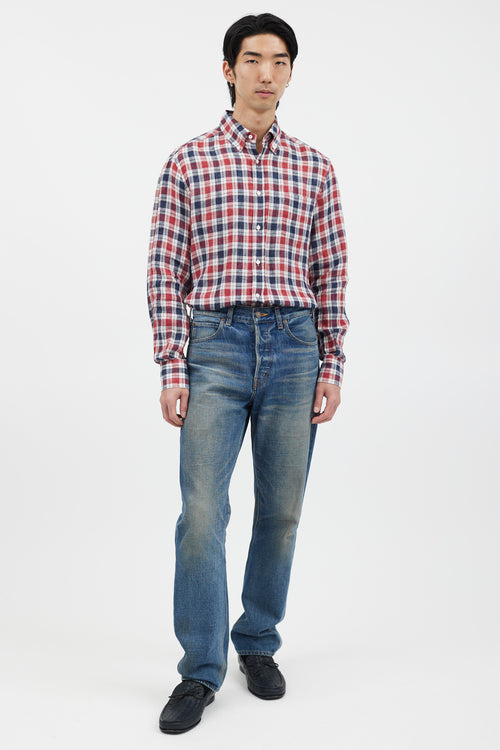 Brunello Cucinelli Navy & Red Plaid Long Sleeve Shirt