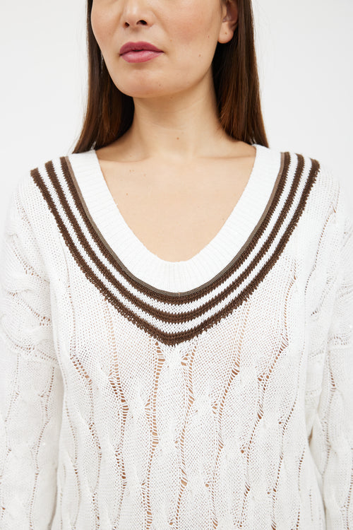 Brunello Cucinelli White & Brown Striped Cable Knit Sweater Dress