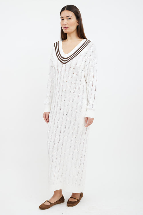 Brunello Cucinelli White & Brown Striped Cable Knit Sweater Dress