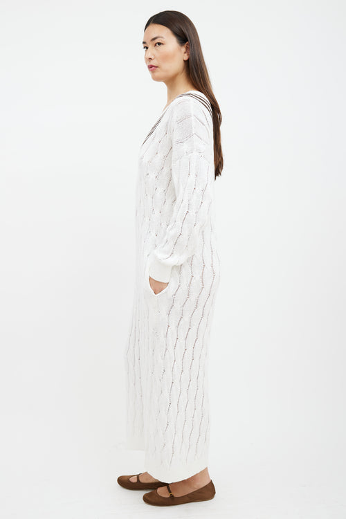 Brunello Cucinelli White & Brown Striped Cable Knit Sweater Dress