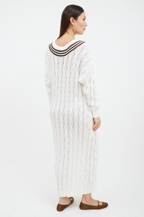 Brunello Cucinelli White & Brown Striped Cable Knit Sweater Dress
