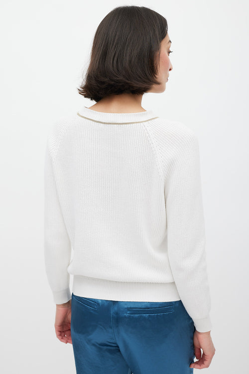 Brunello Cucinelli White & Gold Monili Knit Sweater