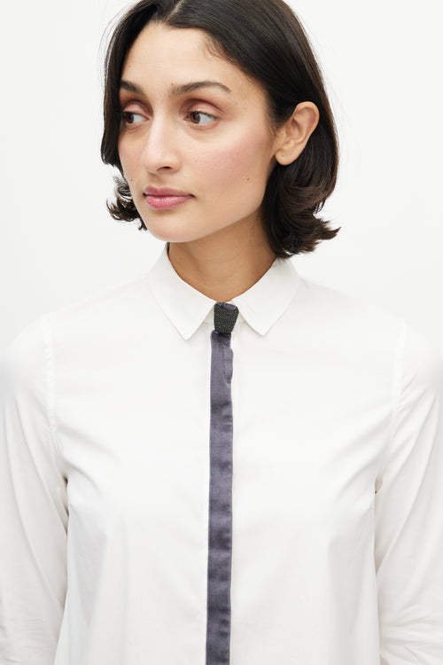 Brunello Cucinelli White & Grey Monili Tie Shirt