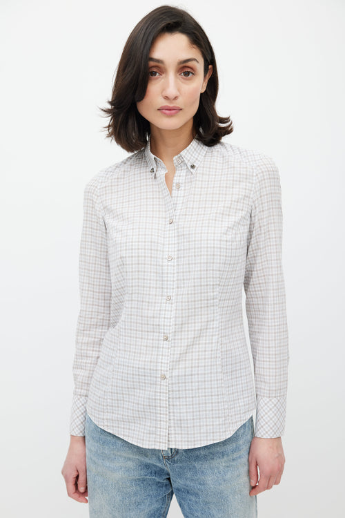 Brunello Cucinelli White & Multicolour Plaid Crystal Shirt