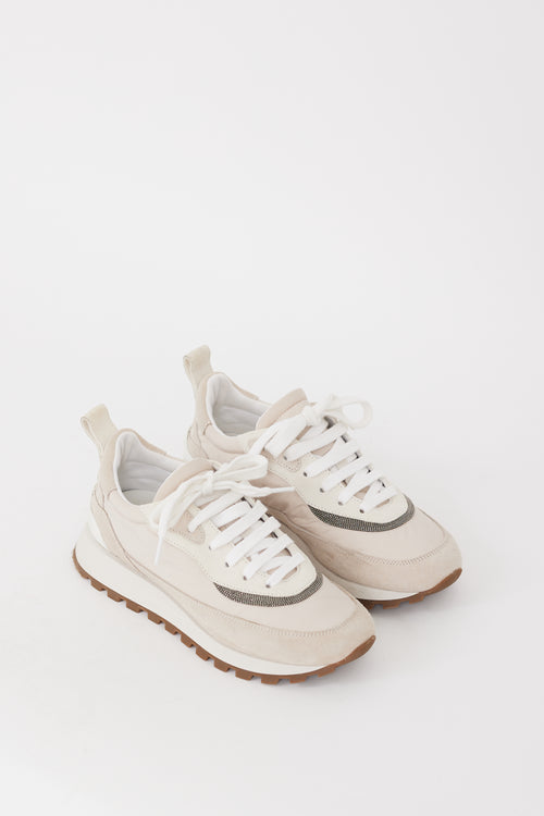 Brunello Cucinelli Beige Nylon & Suede Monili Sneaker