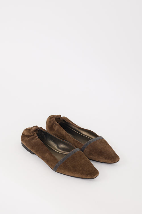 Brunello Cucinelli Brown Suede & Monili Pairo Flat