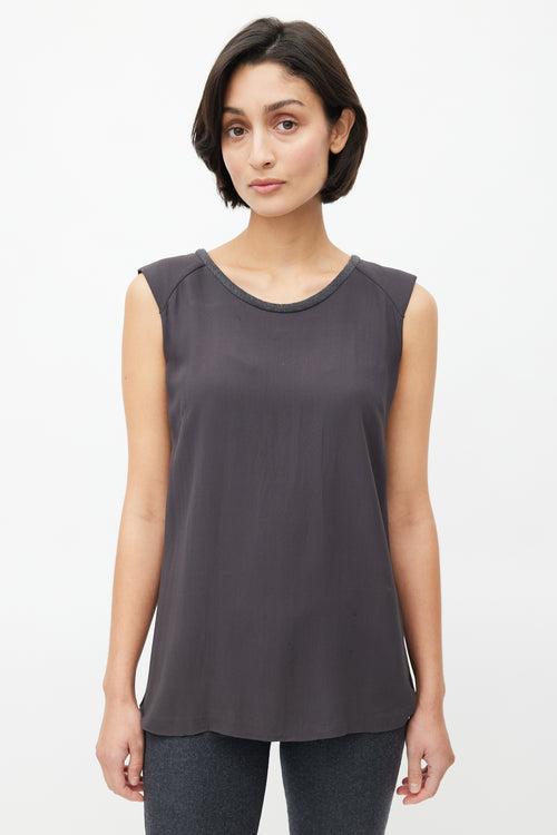 Brunello Cucinelli Dark Grey Silk & Wool Trim Blouse