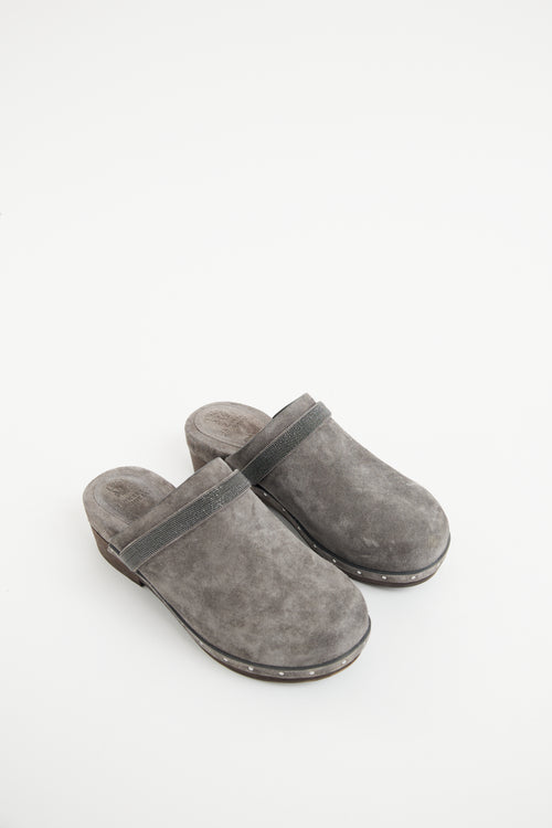 Brunello Cucinelli Grey Suede Monili  Clog