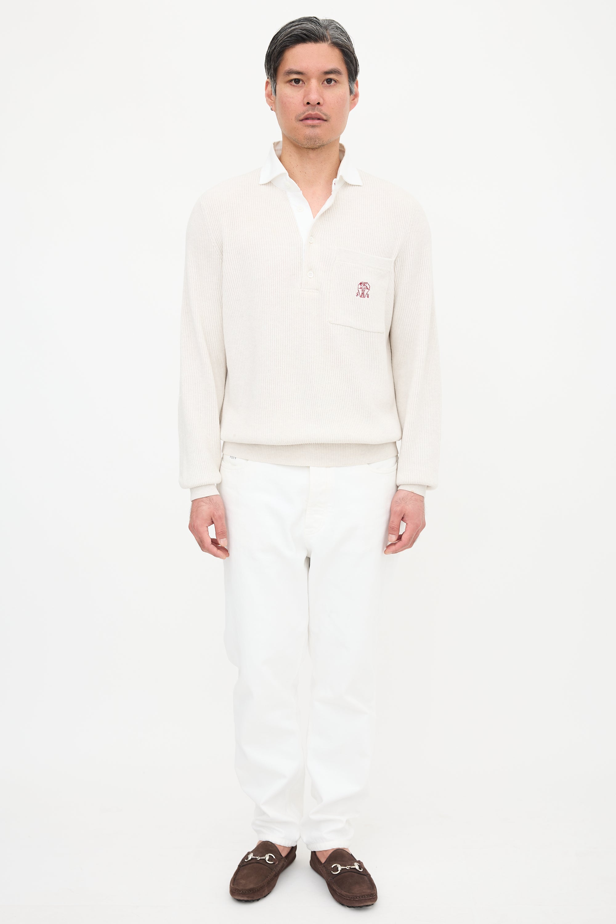 Brunello Cucinelli Rib Knit Collared Logo Sweater