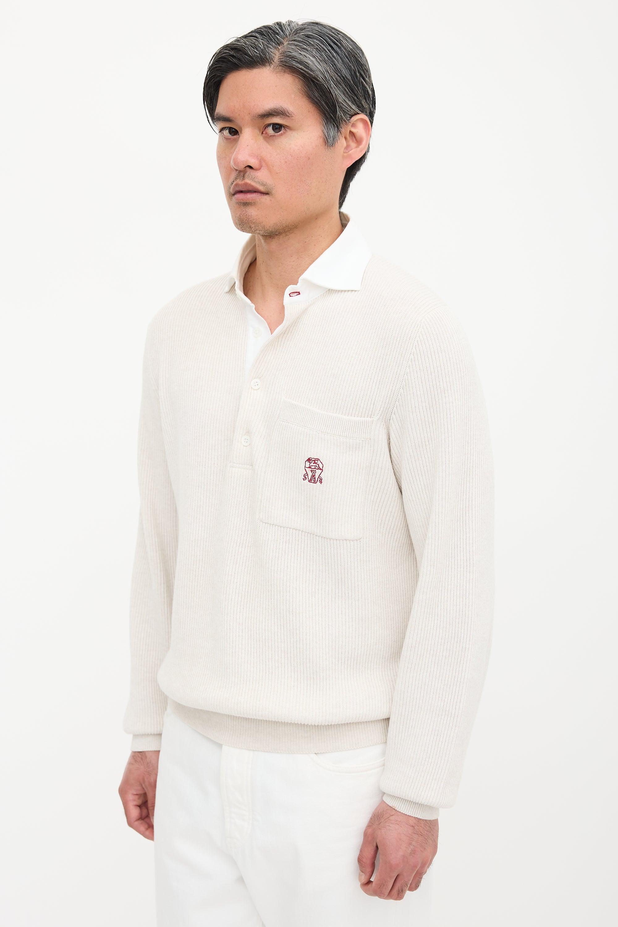 Brunello Cucinelli Rib Knit Collared Logo Sweater