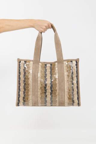 Brunello Cucinelli Suede & Sequin Glamour Stripe Tote Bag