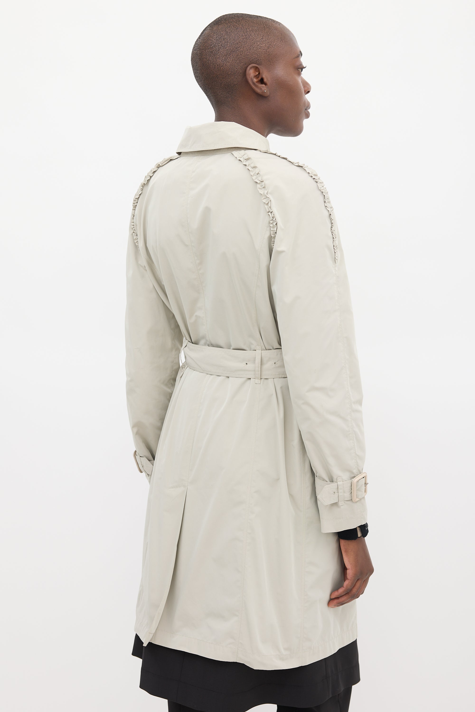 Burberry Beige Ruffle Trim Belted Coat