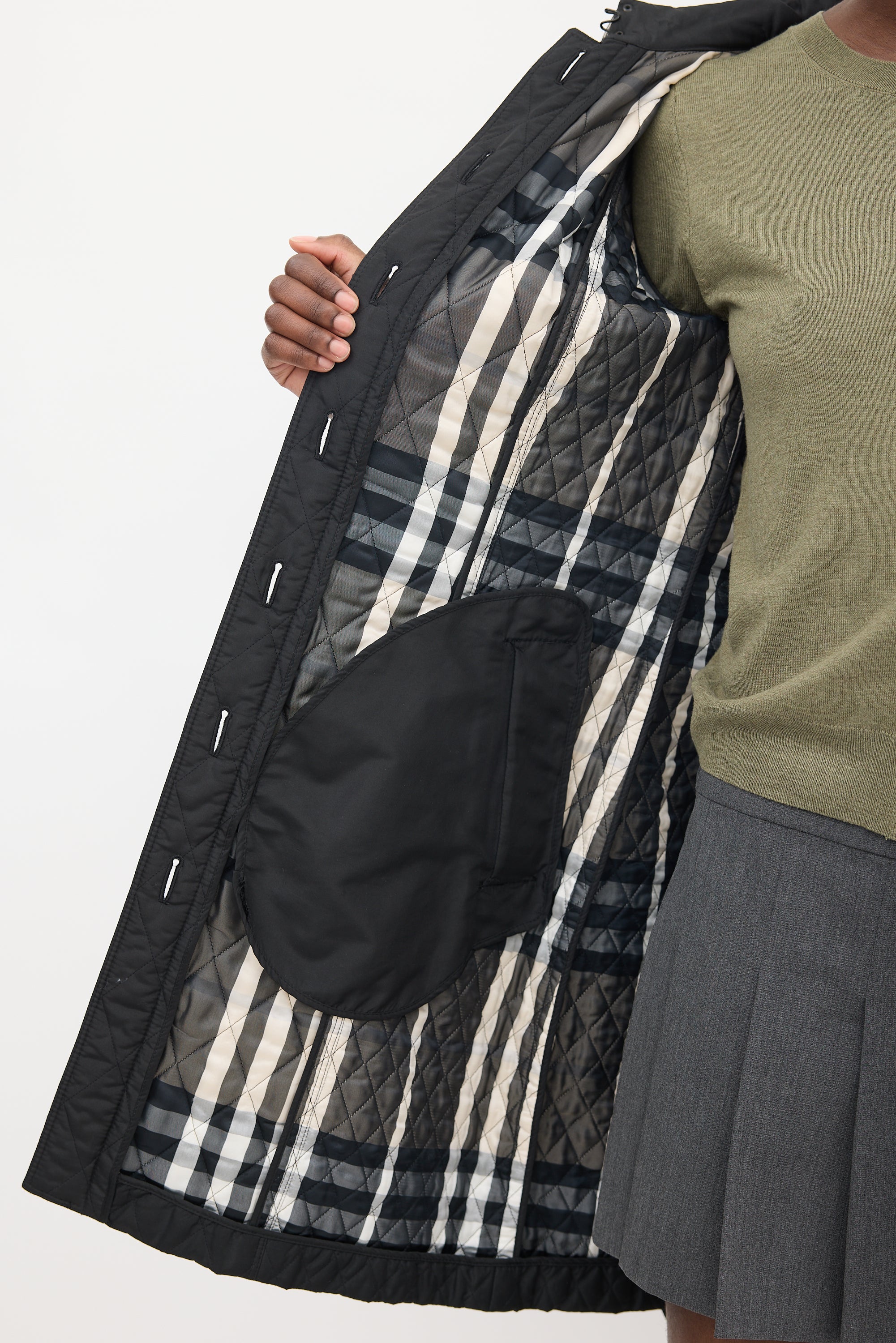 Burberry Black Quilted Mid Length Trench Coat